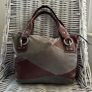 FOSSIL Corrine Leather and Suede Patchwork Satchel (Taupe, Gray, Brown)